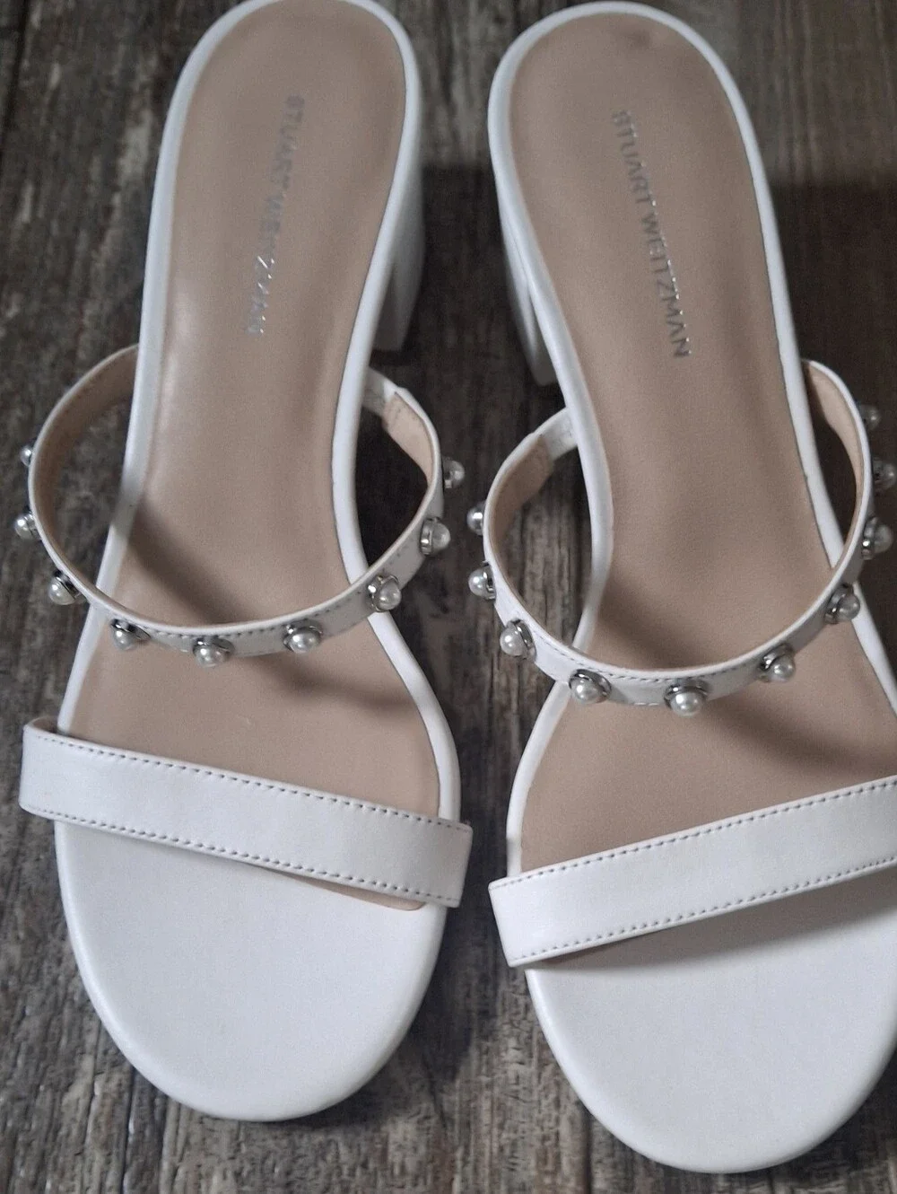 Stuart Weitzman White Embellished Slide Sandals